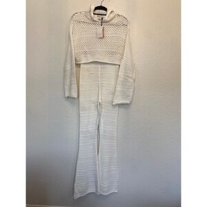 NWT Sincerely Jules Sweater Hoodie & Flare Pants Crochet Set Women's Large Beige